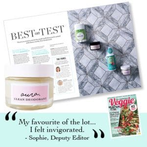Veggie Magazine Best on Test. Cruelty free natural deodorant. Award-Winning, Organic Aura Clean Deodorant. Natural Deodorant That Works. Organic. By Awake Organics. Natural Deodorant UK, Natural Deodorant for Women. I The Stylist Review feature.